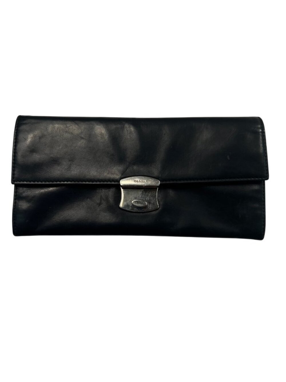 Prada Vintage 90's Black & Pink Leather Continental Wallet Clutch With Metal Cla